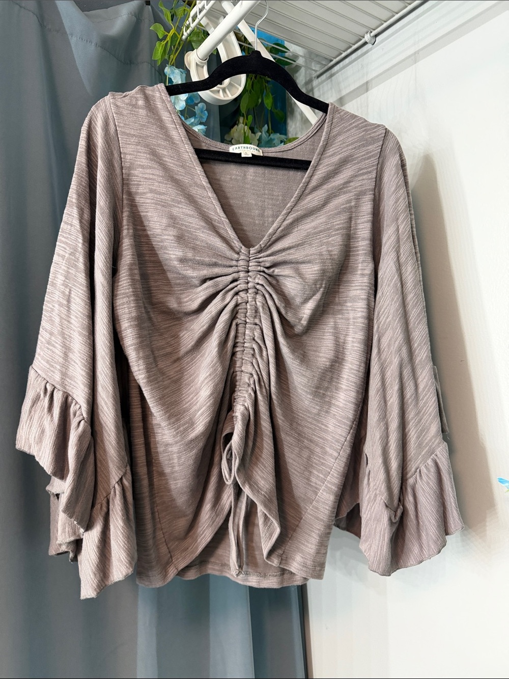 EARTHBOUND Ruched V-Neck Blouse in gray Taupe boho flowy